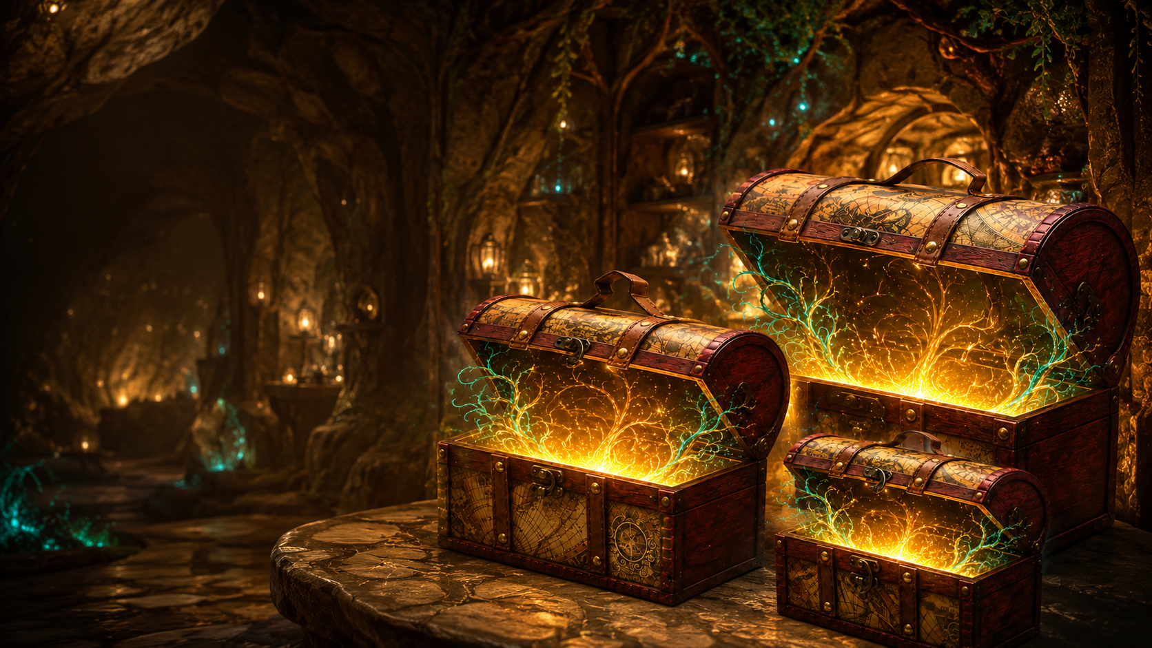 Wunderloot subscription chests, glowing with treasure in a lantern-lit cavern
